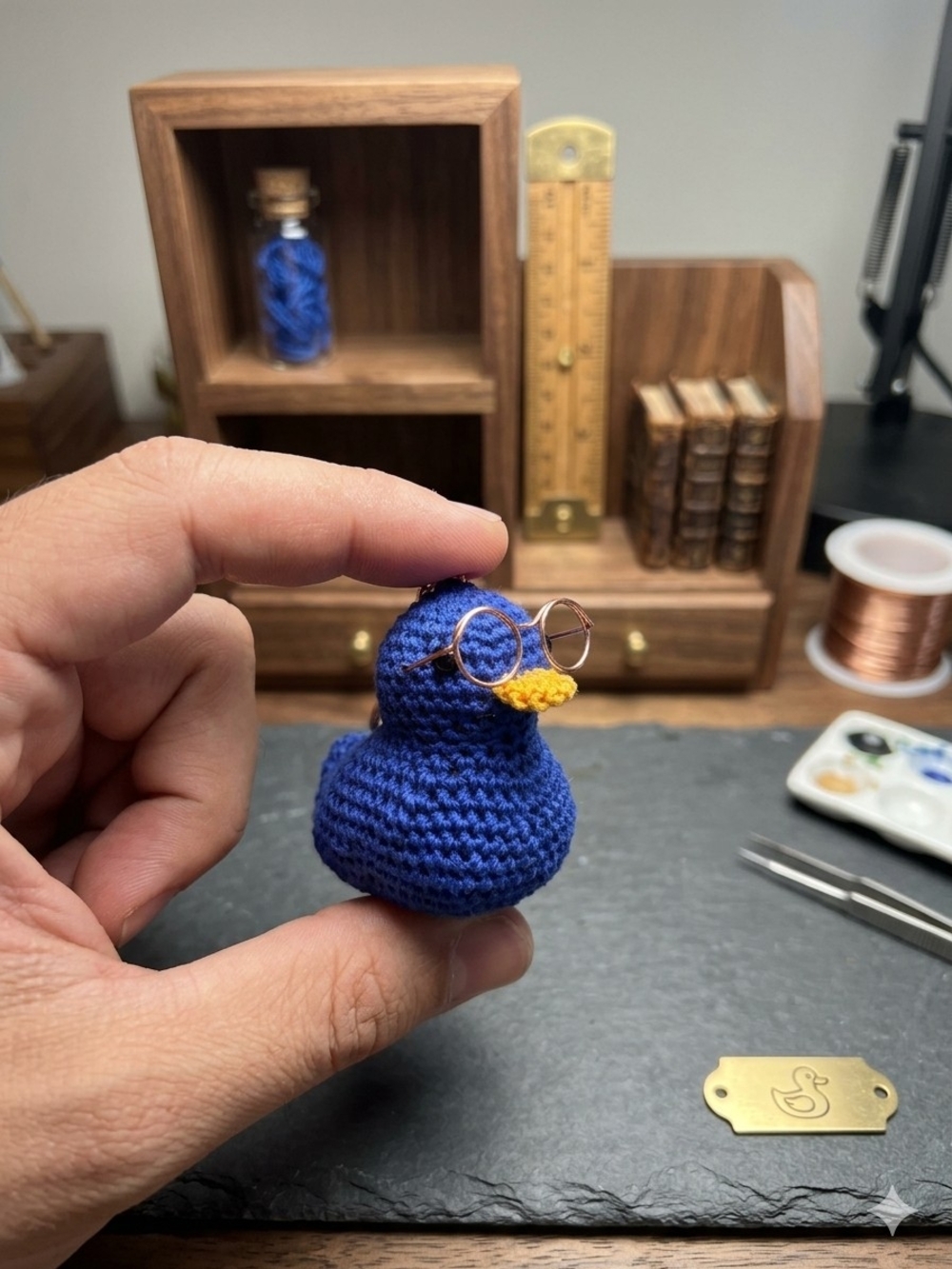 Blue & Yellow Crocheted Duck Keychain Like New